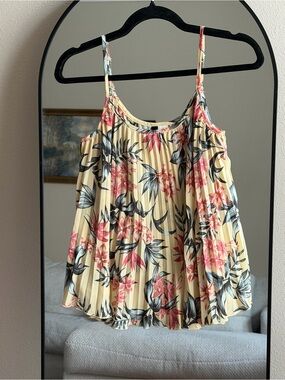 Divided Yellow Floral Pleated Spaghetti-Strap Tank